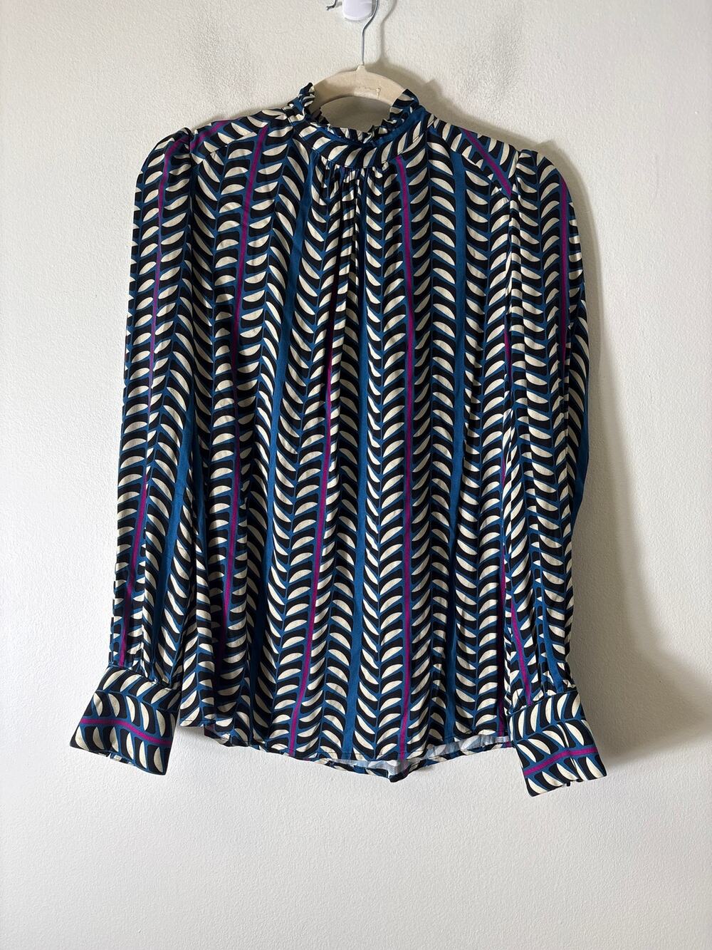 Bariloche Blue Black Geoprint Long Sleeve High Neck Blouse Sz M